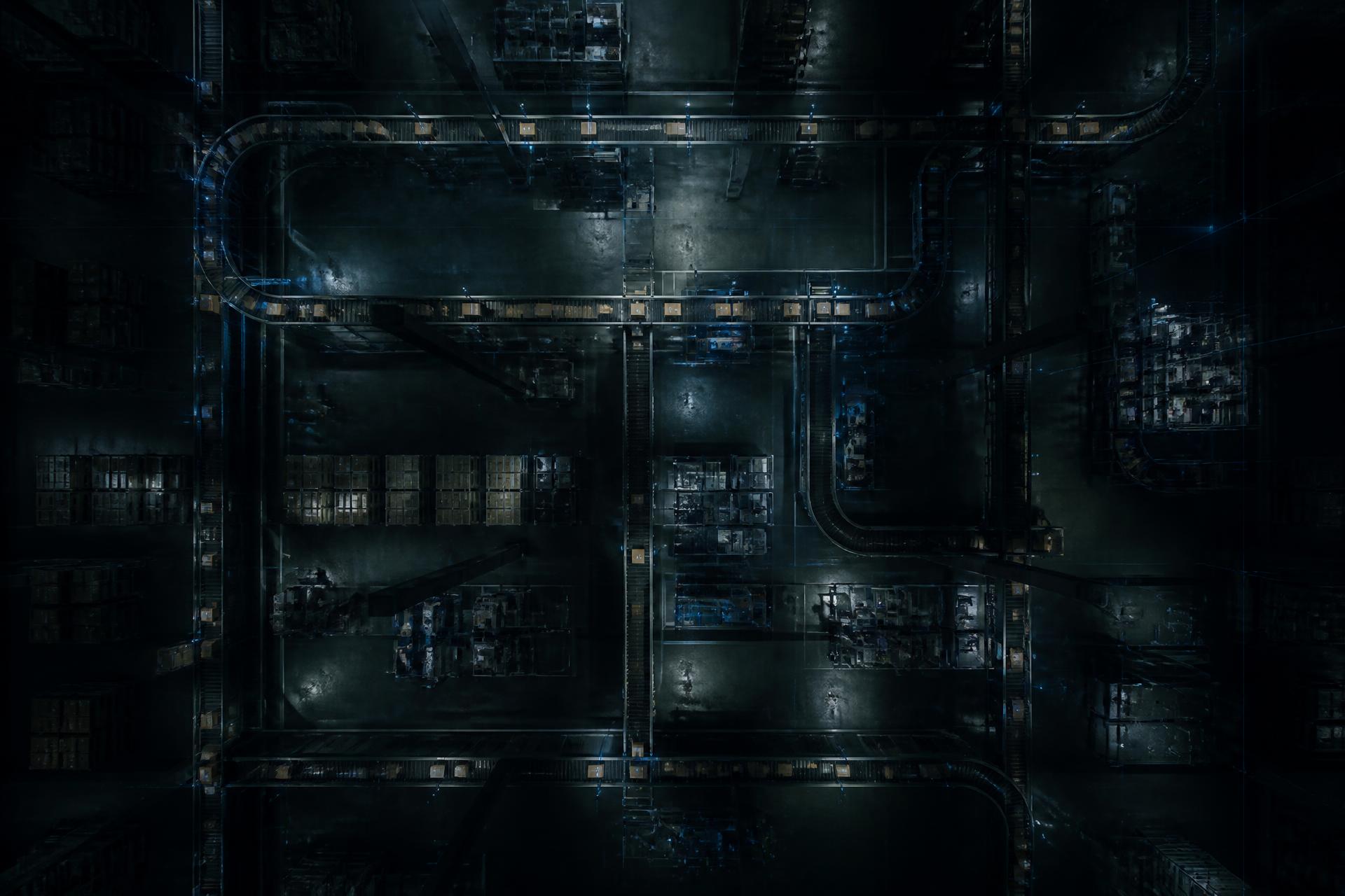 Aerial view of an intelligent warehouse